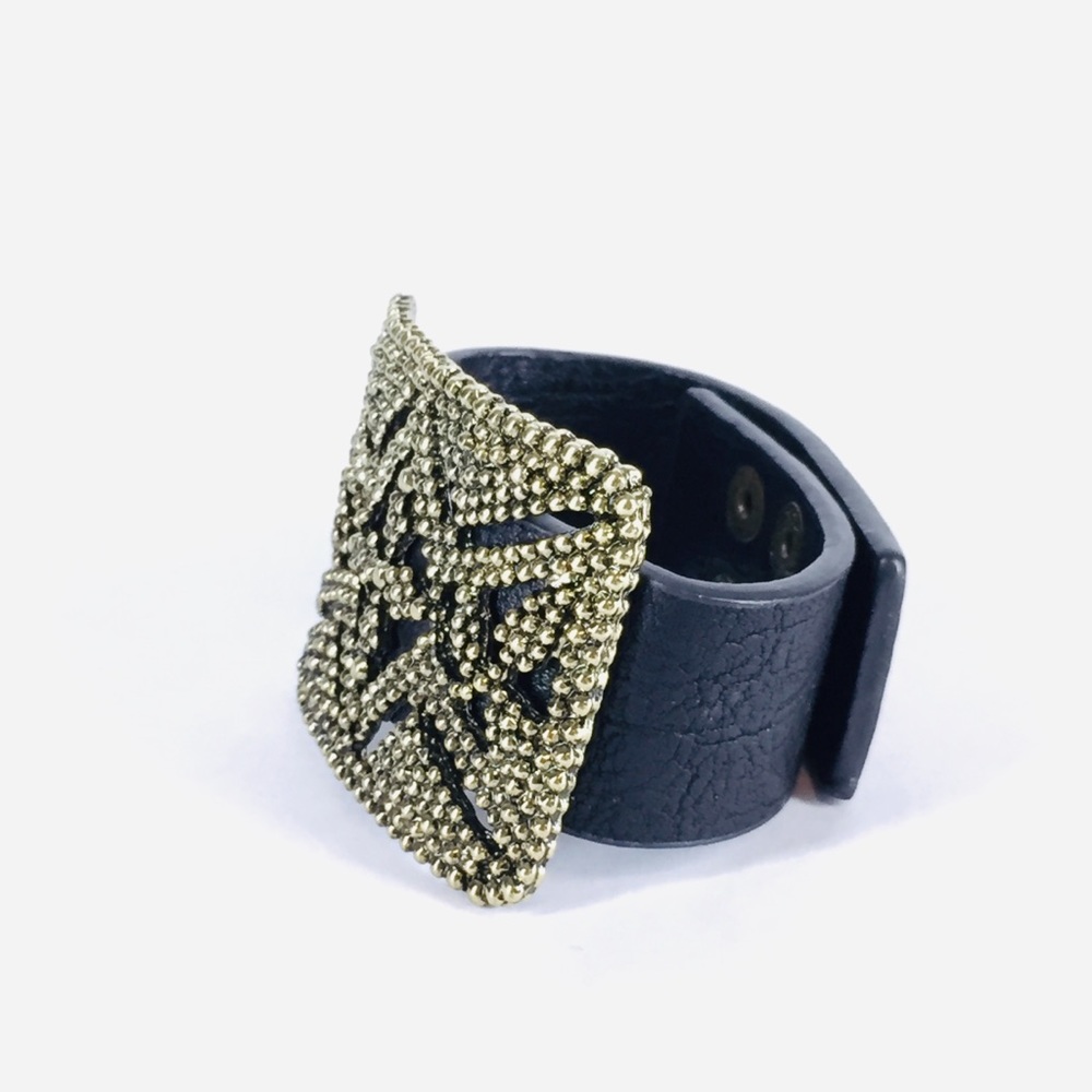 Black Faux Leather Bracelet Antiqued Gold Buckle - Picture 4 of 7